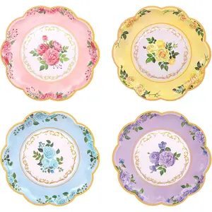Kochorie 72 Pieces Floral Paper Plates, 7 Inch Vintage Floral Tea Party Disposable Plates, Flower Theme Scalloped Dessert Plate for Birthday Baby Shower We