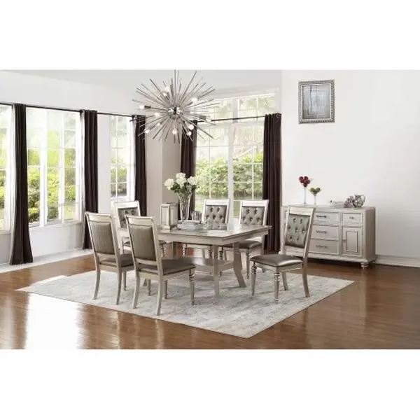 Bellemave 7pc Traditional Formal Lavish Dining Set, Silver Finish Table with 6 Tufted Upholstered Chairs, Indoor Dining Room Furniture Set