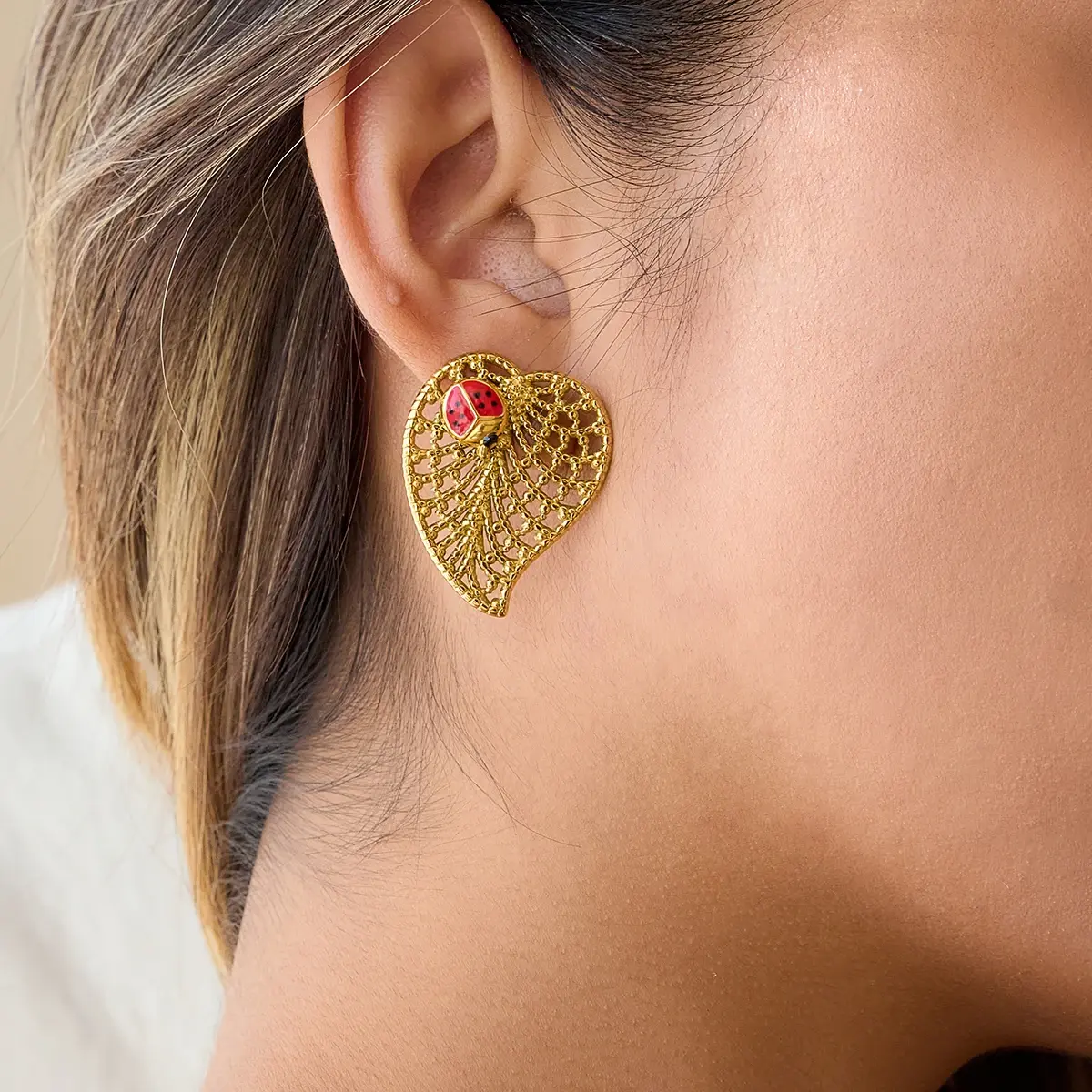 Fashionably Late Co. 18K Gold Color Plated Classic Enamel Ladybug Hollow Leaf Earrings Stainless Steel Gold Plated Earrings for Women
