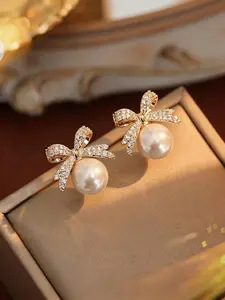 Women's Fashion Shiny Faux Pearl Bow Earrings, Perfect for Weddings, Parties, Daily Wear, Vacations, Special Occasions