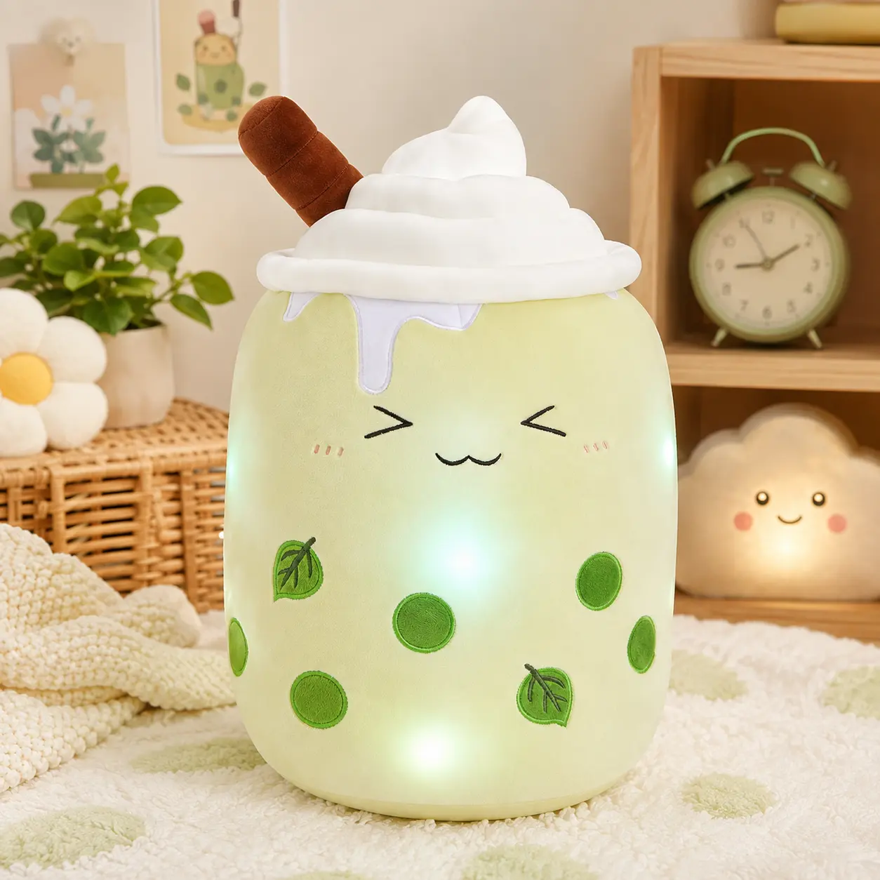 WEWILL 10" Light Up Matcha Boba Tea Plush Pillow, Kawaii Stuffed Bubble Tea Toy with LED Lights, Soft Cute Gift for Kids, Birthday Christmas Bedtime Companion