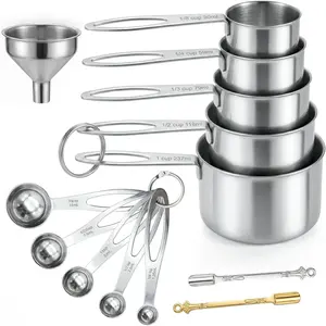13 count Stainless Steel Measuring Cups and Spoons Set with Funnel, Stackable Metal Measuring Cup and Spoon Set for Baking Cooking, Dishwasher Safe Kitchen Tools with for Dry & Liquid Ingredients