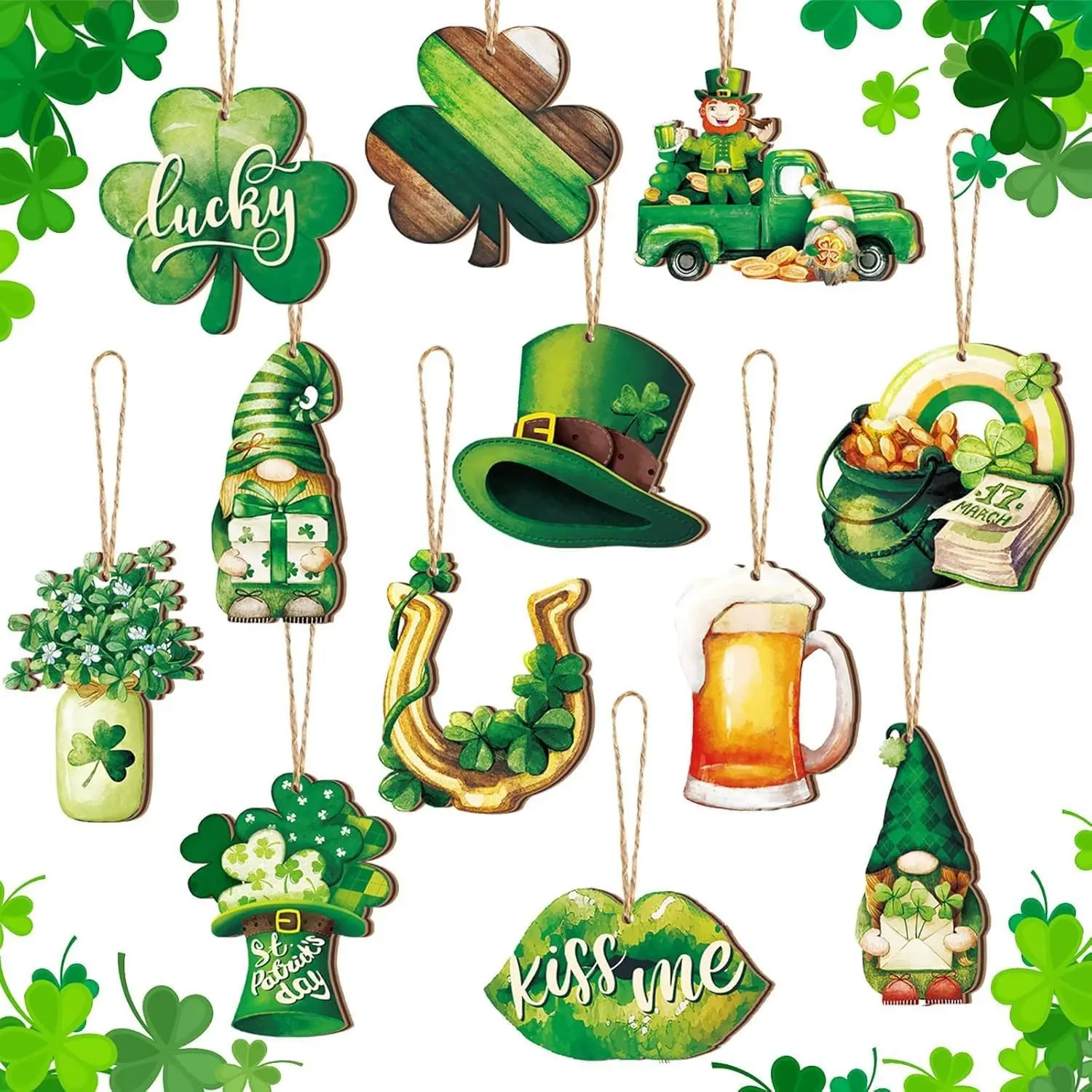 24PCS St Patricks Day Hanging Wooden Ornaments - Shamrock & Gnome Clover Tree Ornaments  Irish Party Small Tree Decor