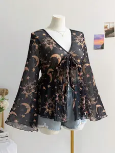 HANNA x Soleia Plus Size Boho Women's Winter Holiday Back To School V Neck Black Long Sleeve Babydoll Top With Sun Moon Star Pattern, Christmas Women's New Year's Eve Women's Top