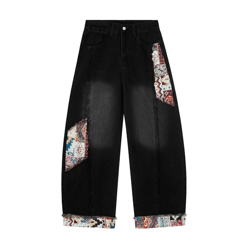 72% Cotton Patchwork Baggy Jeans Super Baggy Barrel Jeans Y2k Vintage Fabric Patchwork Jeans Unisex Straight Leg Wide Leg Trousers Mid-Low Rise Baggy Jeans Unisex Stretchy Wide Leg Distressed Pants