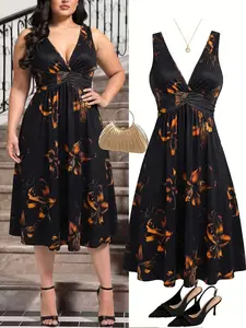 2026 New Large Size Women's Elegant Boho Bohemian Print V-Neck Sleeveless Waist Ruched Knit Dress, Stylish and Comfortable Casual Wear Fashion for All Seasons