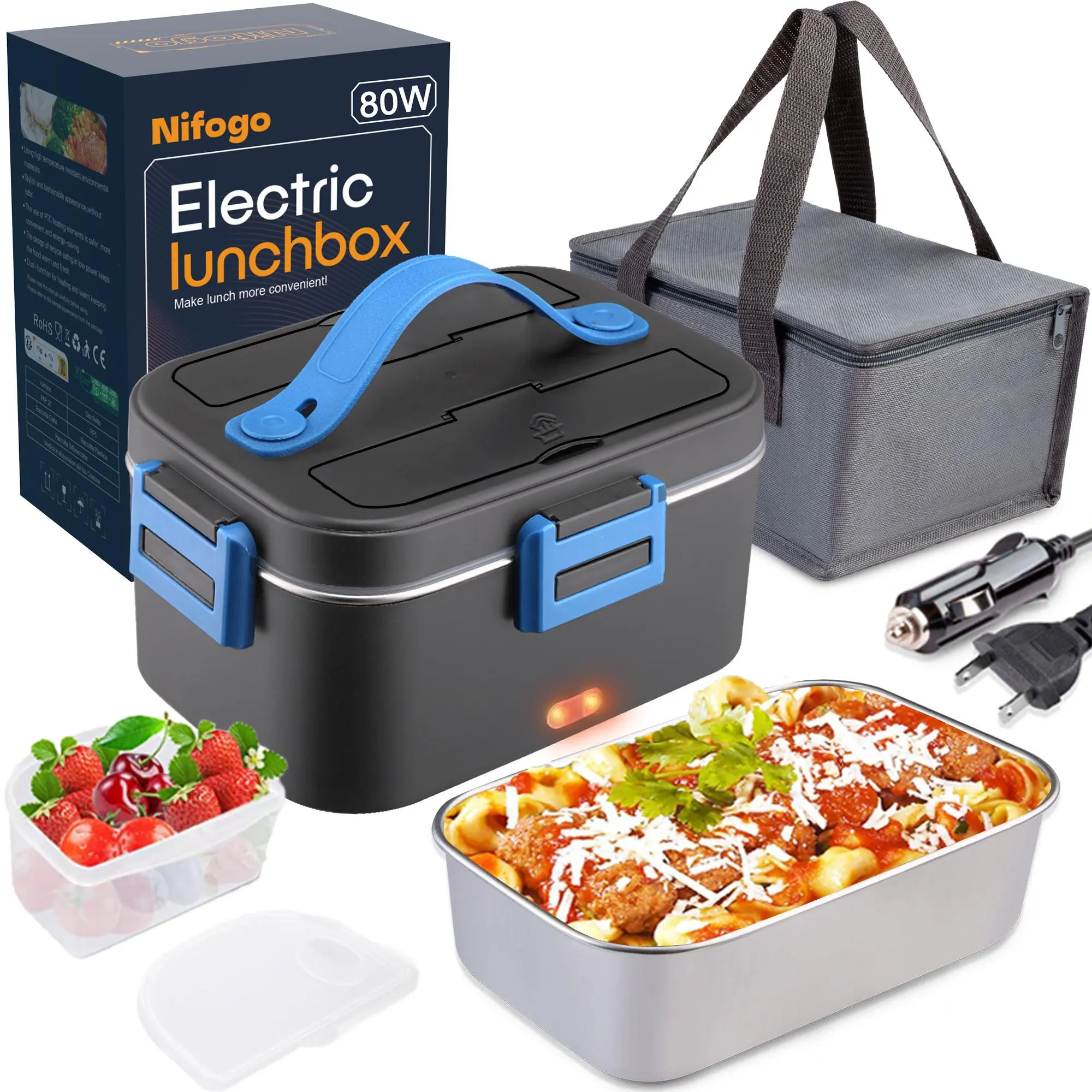 Heated Lunchbox for Adults - 80W Portable Leakproof 1.5L Plain Food Warmer, Compact Meal Prep Container with Cutlery Bag Tableware, Safety-Designed Black Option for Lunch at Work, On-the-Go Use (1.8L Variant Available)