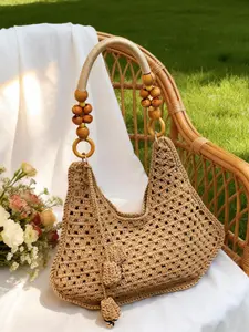Handmade Cotton Crochet Crossbody Bag, Crossbody Crochet Bags, Boho Style Wooden Bead Fringe Shoulder Bag, Perfect for Beach Vacation and Daily Use