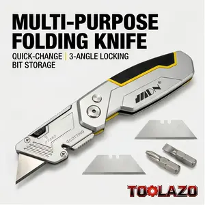 Heavy Duty Folding Multitool Knife - Yellow Silver 2-in-1 Utility Knife & Screwdriver, Quick Change Retractable Box Cutter with 2 Spare Blades, Flathead & Phillips Bits, Compact EDC Razor with Pocket Clip for Cartons, Warehouse, DIY Projects, Gift for Dad