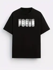 Focus Gradient Text Print Loose Fit T-Shirt, Casual Graphic Crop Top, Trendy Daily Wear, Unique Style, Fitted Silhouette