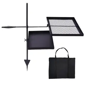 Swivel Campfire Grill Combo Heavy Duty Portable Height Adjustable Grill Grate Pan Carry Bag Black for Outdoor Cooking BBQ Camping