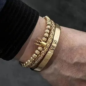 3PCs luxury stainless steel men's bracelet set with Roman numerals & crown charm-braided rope design