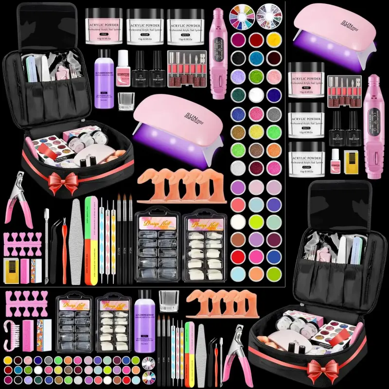 Professional Acrylic Nail Kit for Beginners - 42 Colors Glitter Powder, Liquid, UV Light, Drill, Practice Finger Nail Bag Organizer Case