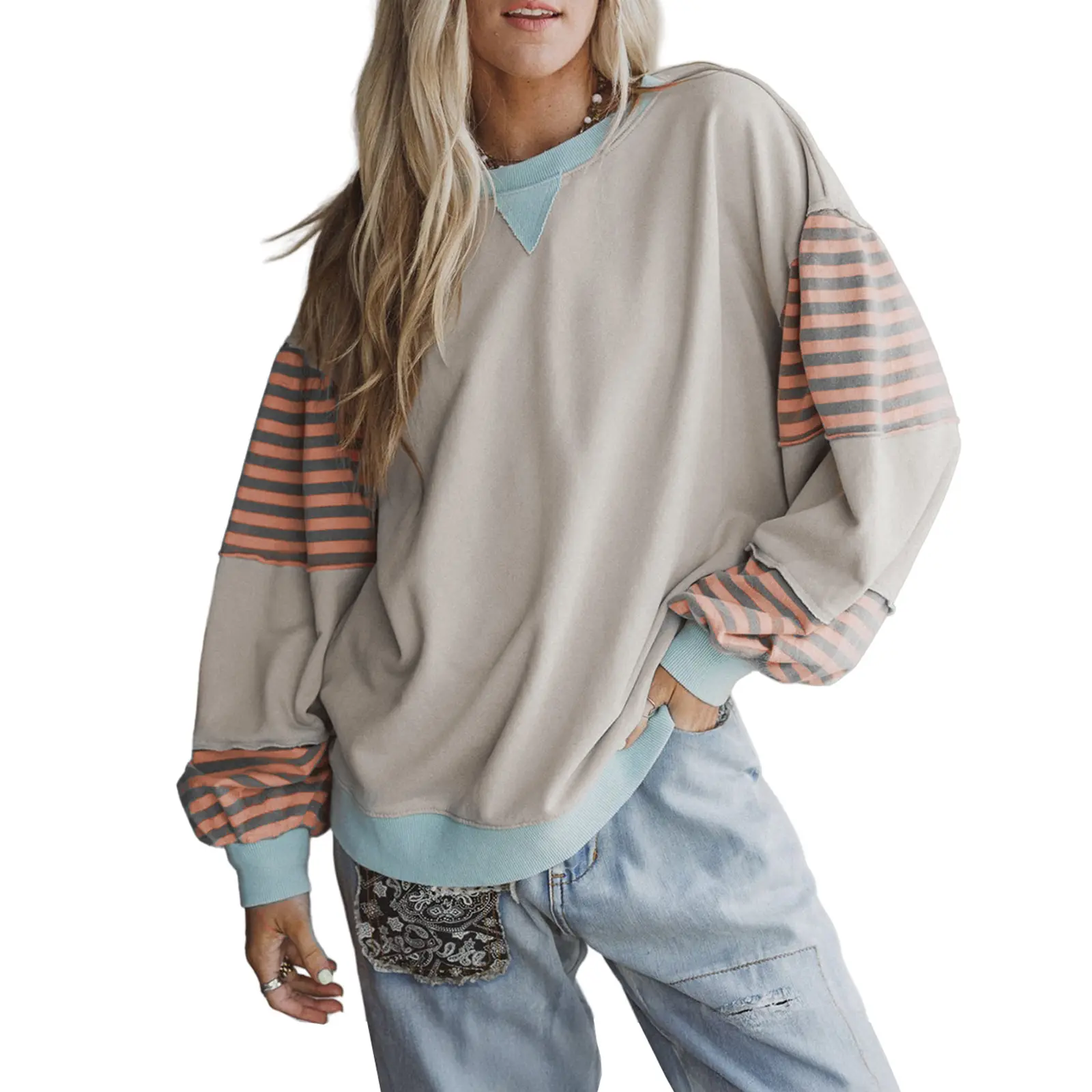 LazyChic Women's Colorblock Striped Patchwork Crewneck Sweatshirt, Loose Tunic Long Sleeve Drop Shoulder Pullover for Casual Daily Wear