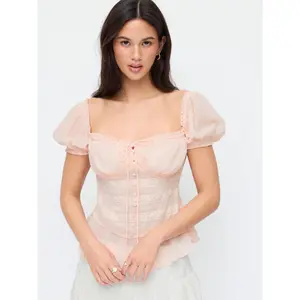 Cider Chiffon Sweetheart Puff Sleeve Lace Panel Ruched Peplum Blouse
