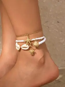 Fashionable Beaded Anklets, Fashionable Starfish & Shell Decor Anklets for Women & Girls, Casual Trendy Body Jewelry for Party, Daily Decor