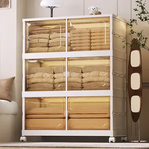 NLDD 5-Layer Heavy-Duty Foldable Storage Cabinet - No Assembly, Universal Wheels with Brakes, Magnetic Double Doors, Large Capacity Stackable Organizer for Living Room Home Use, Storage Box with Lid