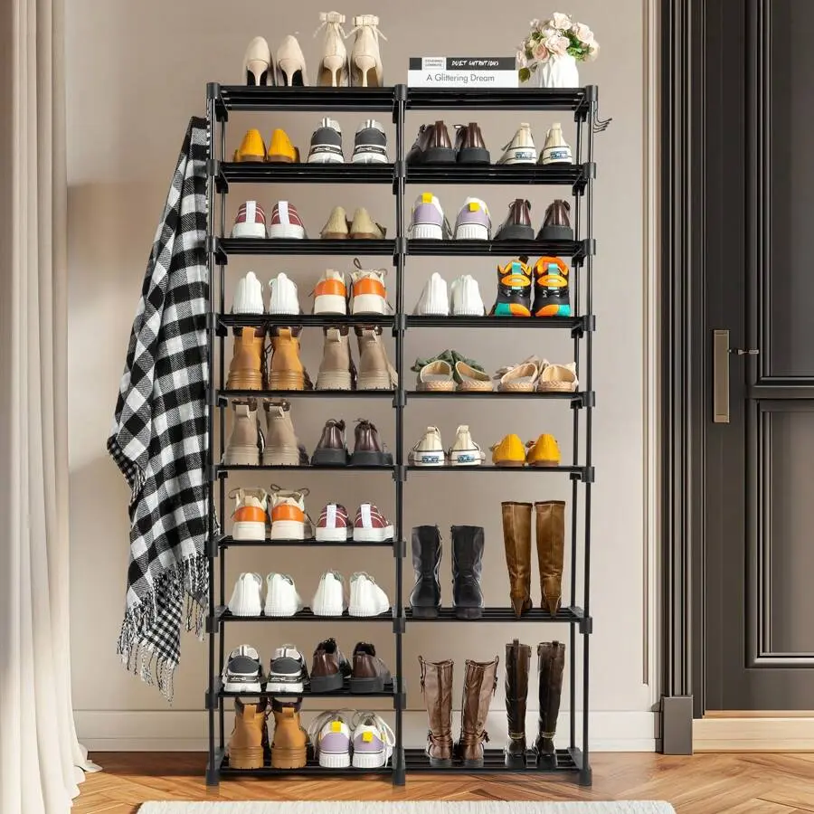10-Tiers Shoe Rack Tall Large Wide Shoe Organizer Sturdy Shoe Shelf for Entryway with Hooks Metal Shoe Storage for Closet, Bedroom, Black