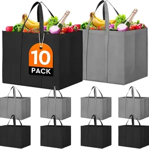 10PCS Tote Bag, Reusable Grocery Bags, Produce Bag, Reusable Shopping Bags with Box Shape to Stand Up, Stay Open, Fold Flat,Large Tote Bags are Foldable with Long Handles & Hard Bottom, Perfect for Shopping Groceries Clothes