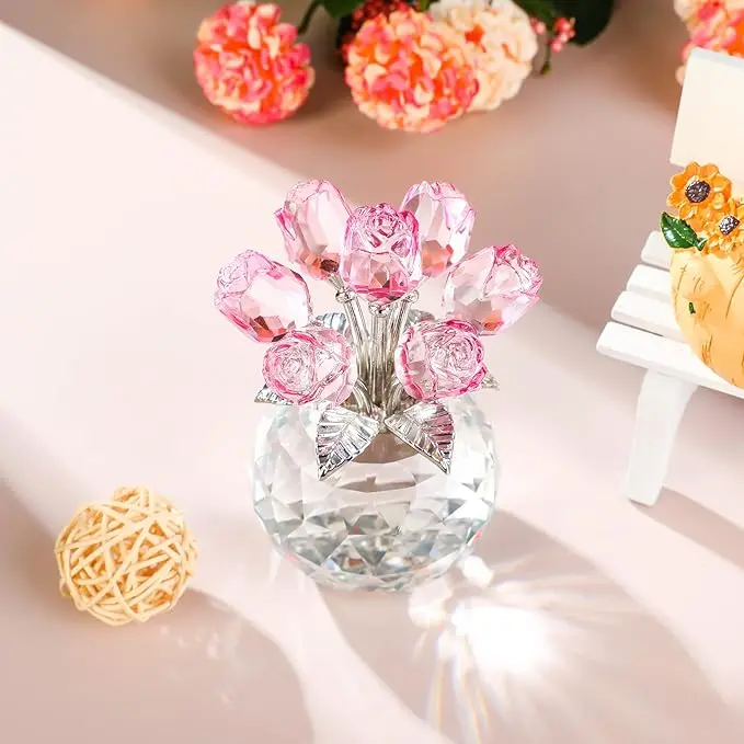 Crystal Rose Flower Vase Ornament, Colorful Glass Tulip Bouquet Desk Decor Figurine, Handmade Crystal Flower Tabletop Decoration Gift for Valentine Birthday Anniversary