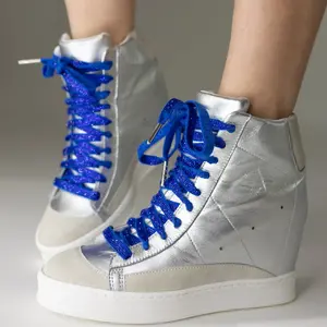 Blue Flash Crystal Logo Laces | Sparkling Flat Crystal Embossed Canvas & Casual Shoelaces for Stylish Sneakers, Premium Accessories for Exercise & Casual Footwear