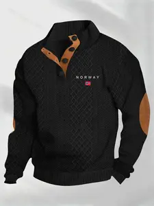 Men's Casual Norwegian Flag Letter Print Polo Shirt, Fall Winter Street Style Sports Sweater, Comfortable Fashion Front Button Design