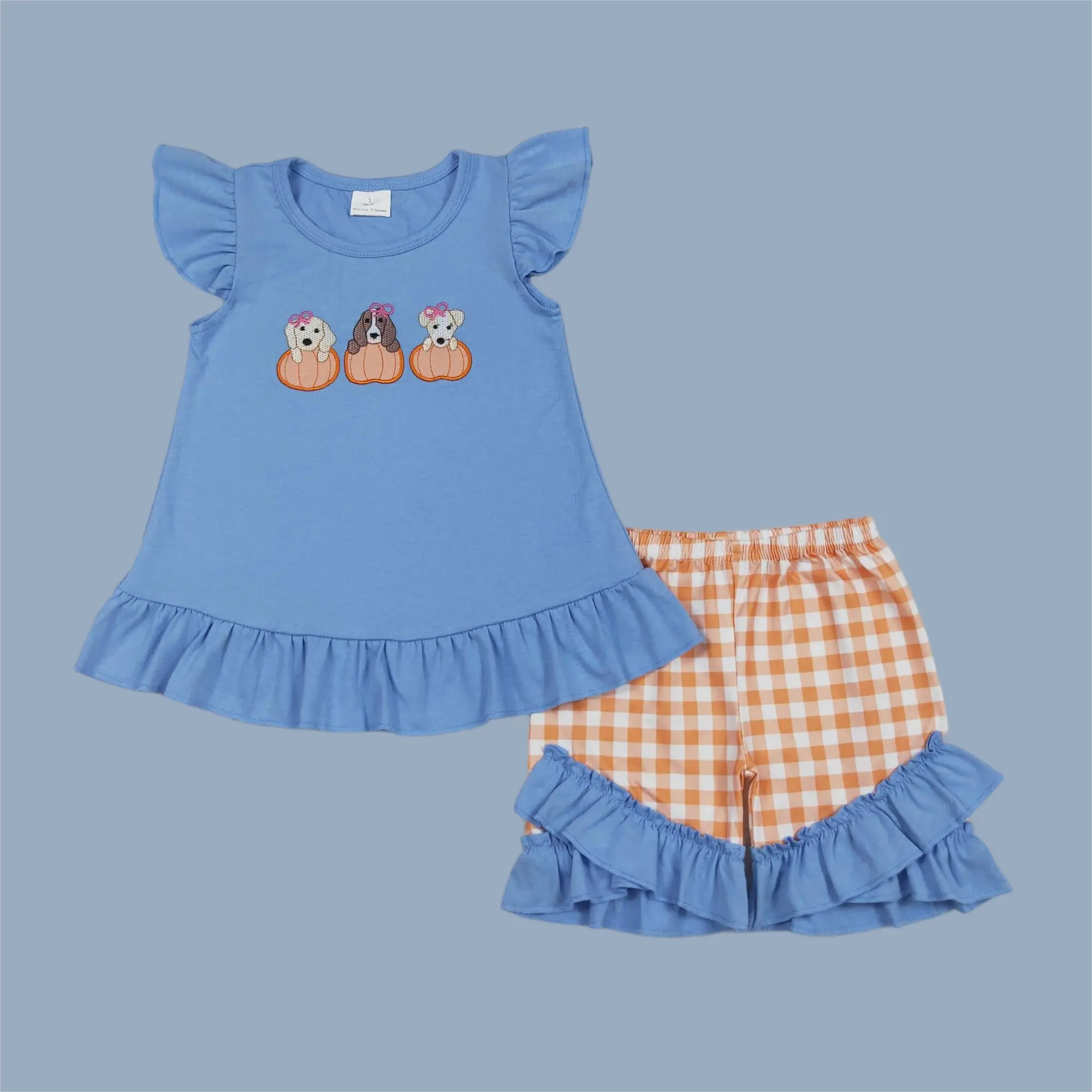embroidery GSSO2700 Autumn dog pumpkin blue flutter sleeve orange checkered shorts girls set