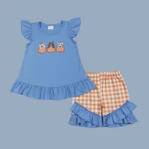 embroidery GSSO2700 Autumn dog pumpkin blue flutter sleeve orange checkered shorts girls set
