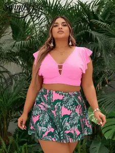 Briza｜Plus Size Hot Pink Two Piece Swimsuit - Ruffle Sleeve Cutout Top Tropical Print Skirted Bottoms (Flattering & Coverage)