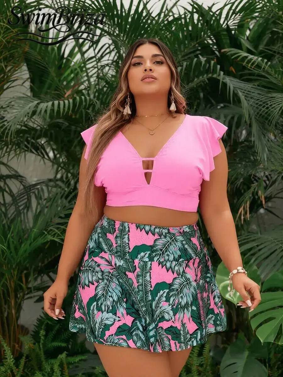 Briza｜Plus Size Hot Pink Two Piece Swimsuit - Ruffle Sleeve Cutout Top Tropical Print Skirted Bottoms (Flattering & Coverage)