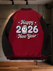 Men's Colorblock Full-Sleeve Streetwear Vintage Happy 2026 Snowman Star Print Baseball Collar Casual Sport Jacket