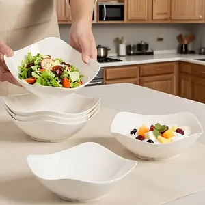 6-Piece Large Plastic Square Footed Bowls Set, Party Salad Bowl, Stackable Lightweight Kitchenware, Microwave & Dishwasher Safe