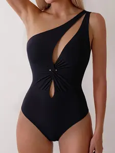 Front High Waisted Bikini Set Chef's KissSlim Flattering Black One-Piece Swimsuit for Women One-Shoulder Cutout Twist Bathing Suit Trendy Twist Detail Beach Pool Wear Super Stretchy Lightweight