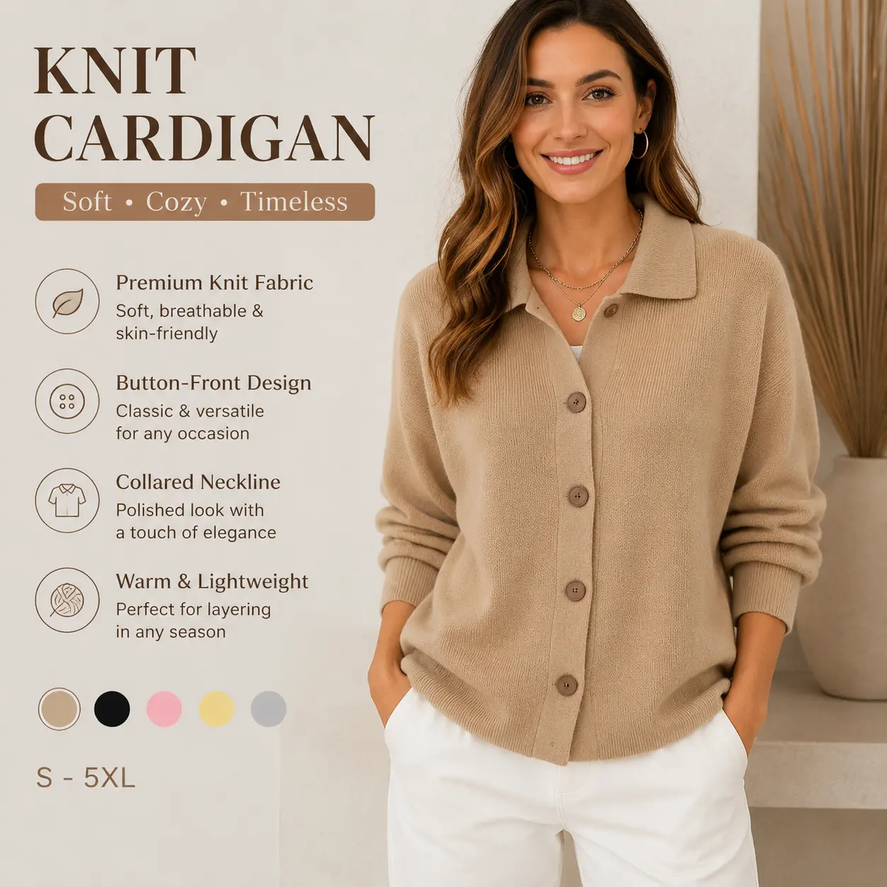 Women's Button Front Knit Cardigan Sweater – Autumn Winter Casual Solid Color Long Sleeve Lightweight Fashion Outerwear