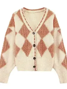 Custom Logo Acrylic Knit Women's Cardigan, Diamond Pattern Jacquard Sweater, Casual Fashion Outerwear for Ladies, Spring & Fall Wear