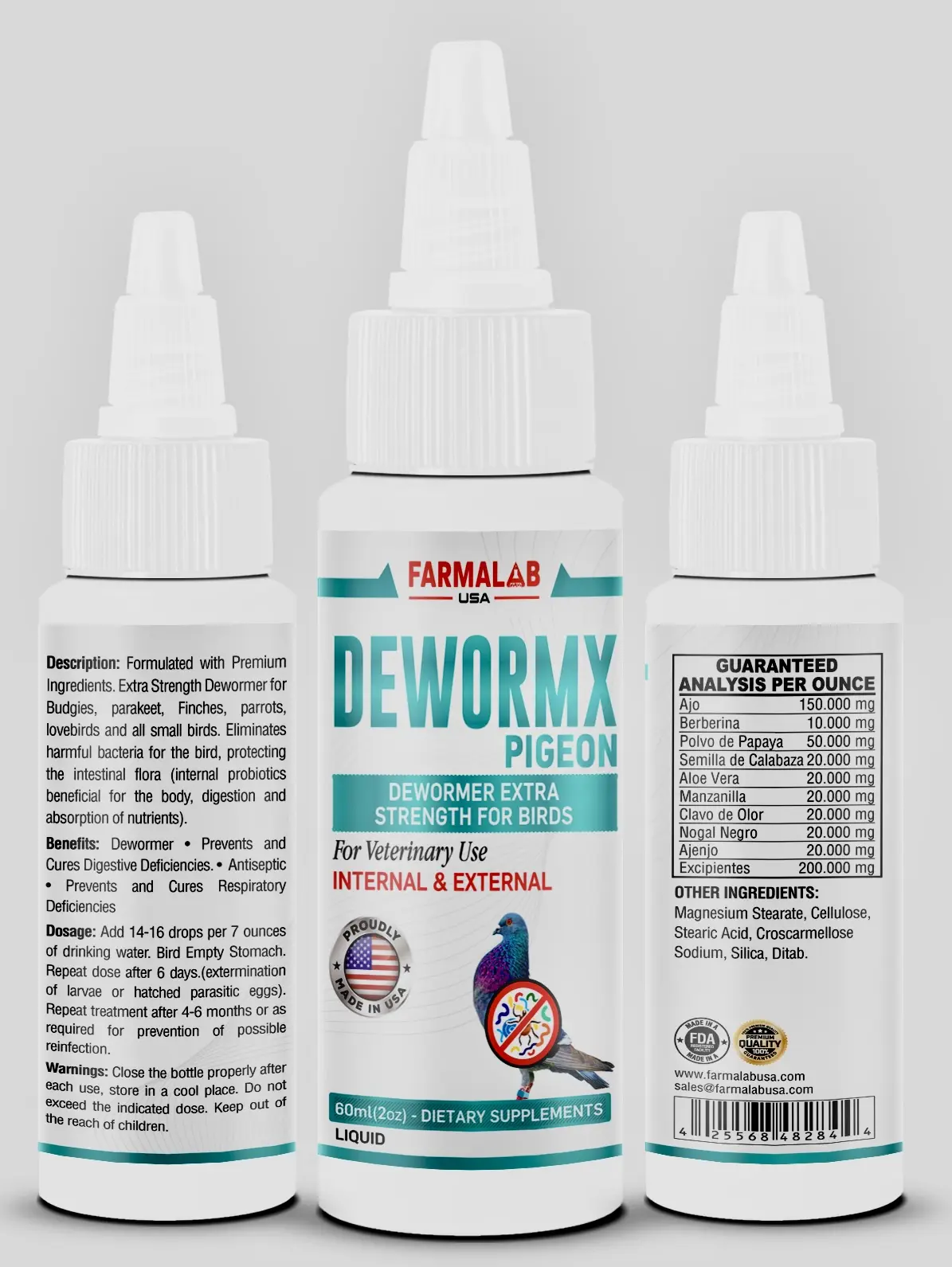 Farmalab DEWORMX Extra Strength Pigeon Liquid Dewormer, 60ml (2.04 Fl Oz) Bottle - Premium Ingredients Bird Healthcare Supply for Feeding, Cures Respiratory Deficiencies