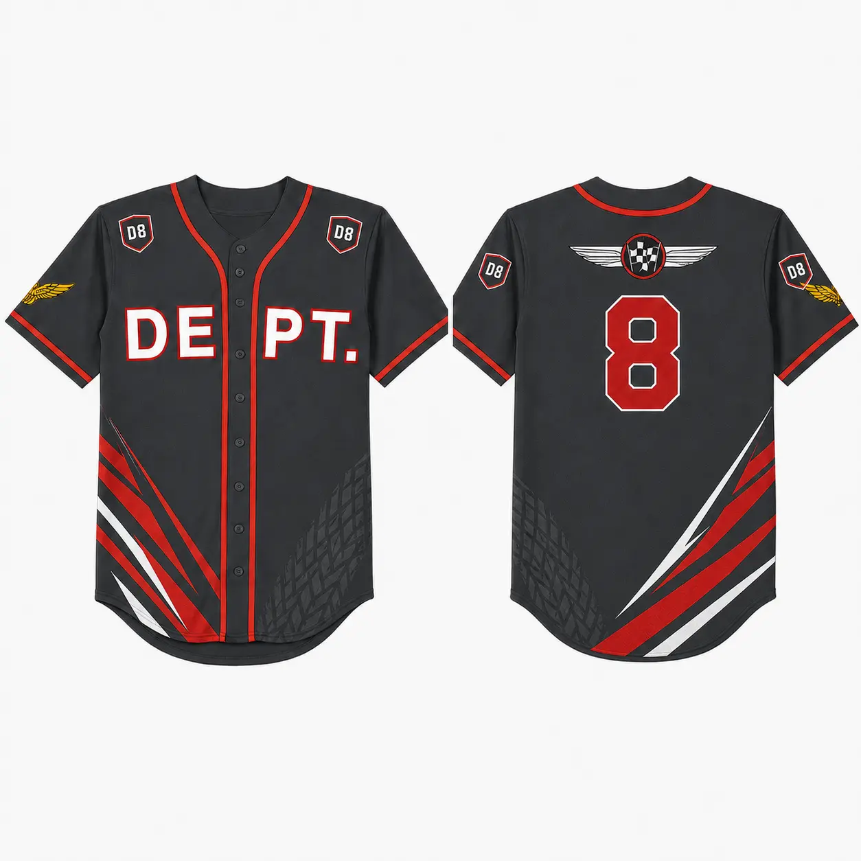 Galllery Dpt.8 Black Red Racing Baseball Jersey Button Up Mesh Sports Shirt Number 8 Unisex Athletic Streetwear
