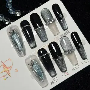 Press-on nails，Black and blue, butterfly pattern, diamond pattern, super shiny.