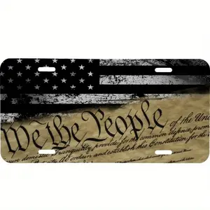 WE THE PEOPLE PATRIOTIC BLACK GRAY AMERICAN FLAG, Aluminum Front License Plate- 6X12- Inch Polished Metal Standard Plate, Easy to Install, for Decor Only, Made in USA