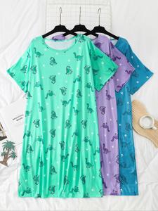 【plus size】 dinosaur print round neck nightdress, casual comfy short sleeve nightgown for women, women's sleepwear for all seasons, night gown for women, shortsleeve nightdress, womenswear