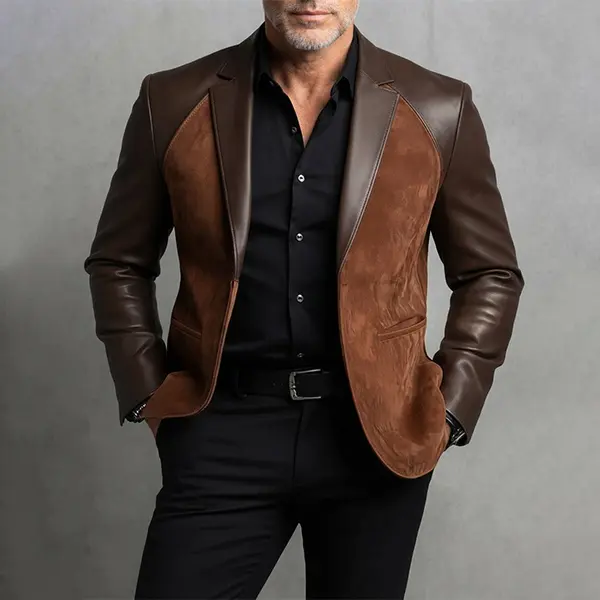 Men’s Genuine Leather Blazer Jacket, Brown Leather and Suede Front, Single Button Business Casual Suit Jacket, Classic Slim Fit Outerwear
