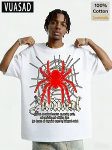 American Street Spider Print Short Sleeve T-Shirt for Men, Loose Fit Drop Shoulder Heavy Cotton Trendy Top, Casual Versatile Half Sleeve