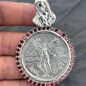 925 Silver Centenario Pendant W/ Garnet & Virgin Mary Pendant