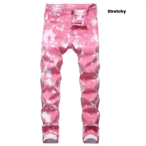 Men's Slim-Fitting Stretch Colorblock Pink Print Skinny Denim Jeans - All Seasons Casual Bottoms for Daily Wear & Night Out