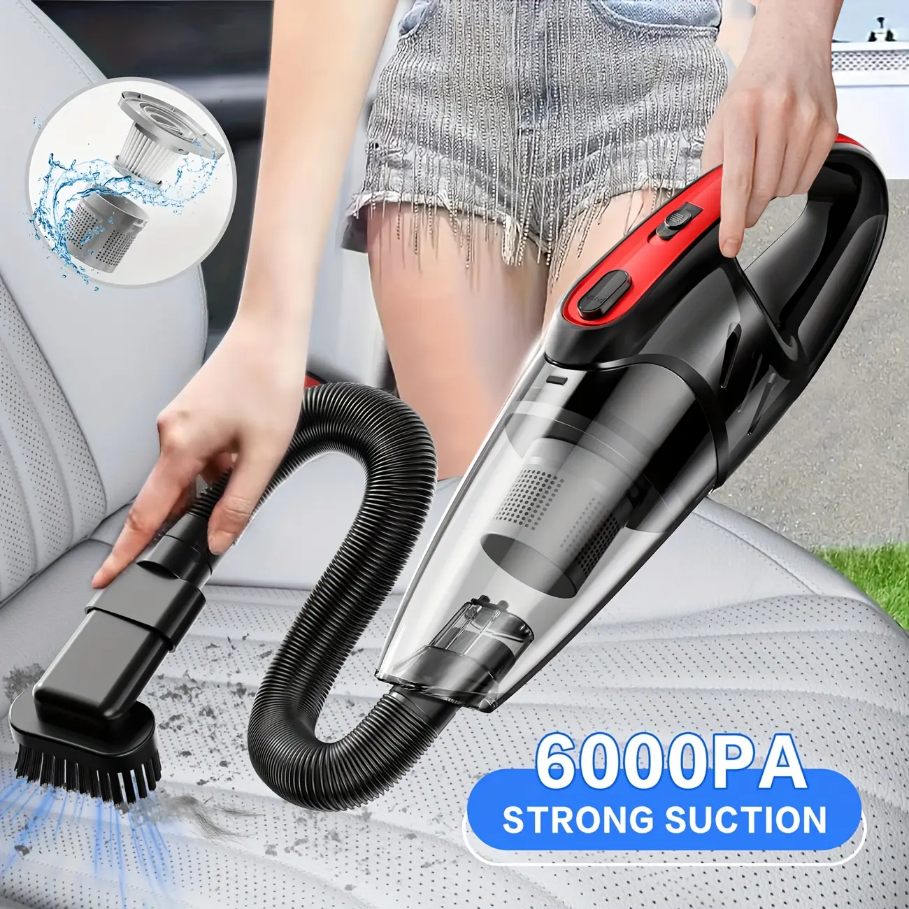 Handheld Car Vacuum Cleaner, 6000Pa Powerful Suction, Cordless Rechargeable Vacuum with 5 Attachments for Car, Home & Pet Hair Cleaning