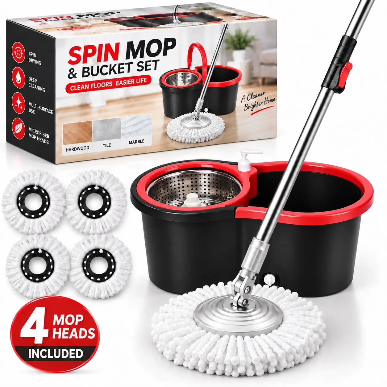 Spin Mop and Bucket Set with 4 Microfiber Heads, Dark Grey Floor mop with wringer, hand-press wringing, 61" extra-long handle, spinning mopping floor cleaning system for home floors
