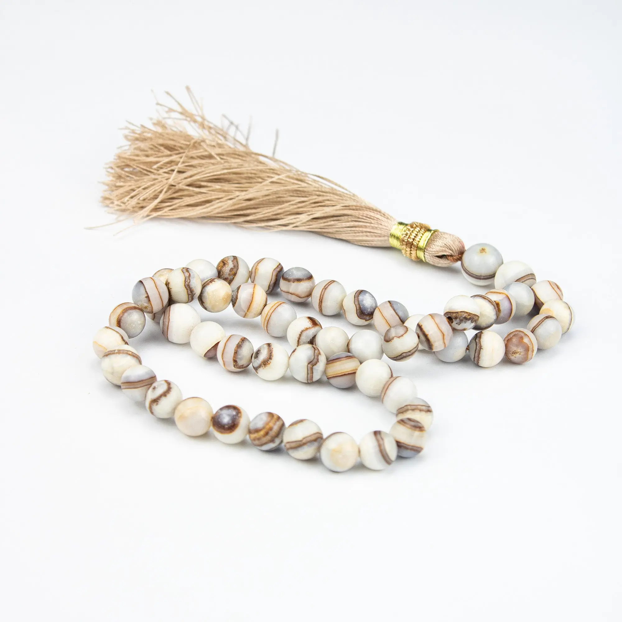 Light Banded Honey Onyx Tasbih 35 Beads – Natural Cream Brown Prayer Beads – Handmade 12mm Misbaha