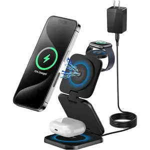 3-in-1 MagSafe Foldable Wireless Charger, Fast Charging Station for Multiple Devices, Compatible with iPhone 15/14/13/12 Series, Compatible with  Watch & AirPods, Portable Travel Charging Pad