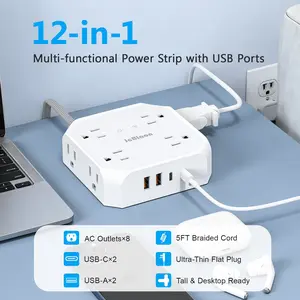 5/10/15ft Surge Protector Multifunctional Power Strip - 8 Widely Outlets with Multiple Sockets and 4 USB Ports, 3 Side Outlet Extender, Flat Plug, Wall Mount, Desk USB Charging Station for Home Office, College Dorm Room Essentials