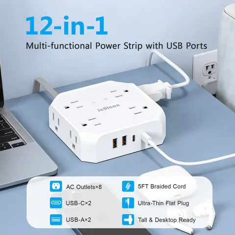 5/10/15ft Surge Protector Power Strip, Power Strips with USB Ports - 8 Outlets with Multiple Sockets and 4 USB Ports, 3 Side Outlet Extender, Flat Plug, Wall Mount, Desk USB Charging Station for Home Office, College Dorm Room Essentials
